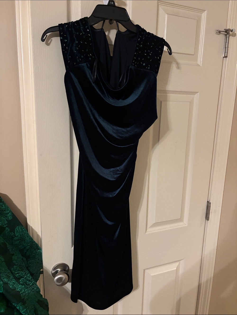 SLNY Navy Velvet Cowl Neck Maxi Dress with Beaded Shoulders